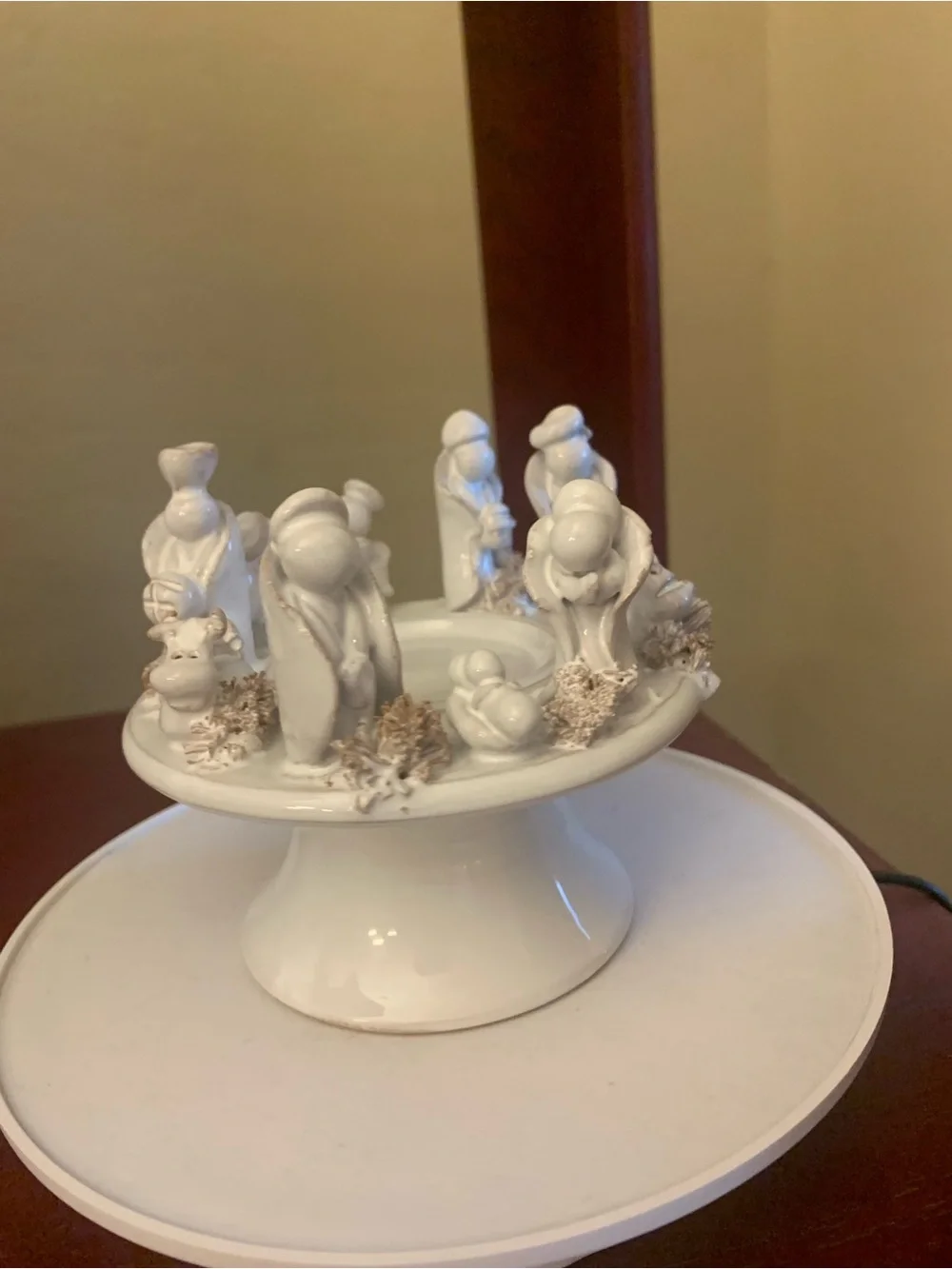 White Italian Ceramic Nativity Candle Holder with Gold Accents